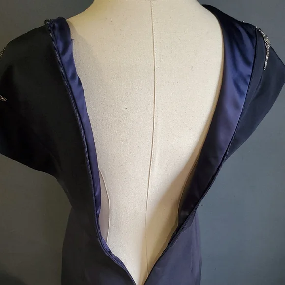 Theia 100% Silk Formal   Blue Cap Sleeve Crew Neck Gown Sz 2 - Picture 13 of 17